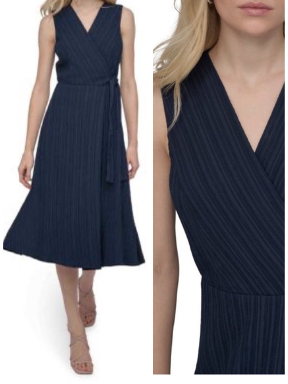 DKNY Faux Wrap Sleeveless V-Neck Dobby Midi Dress in Black Size 8 NWT